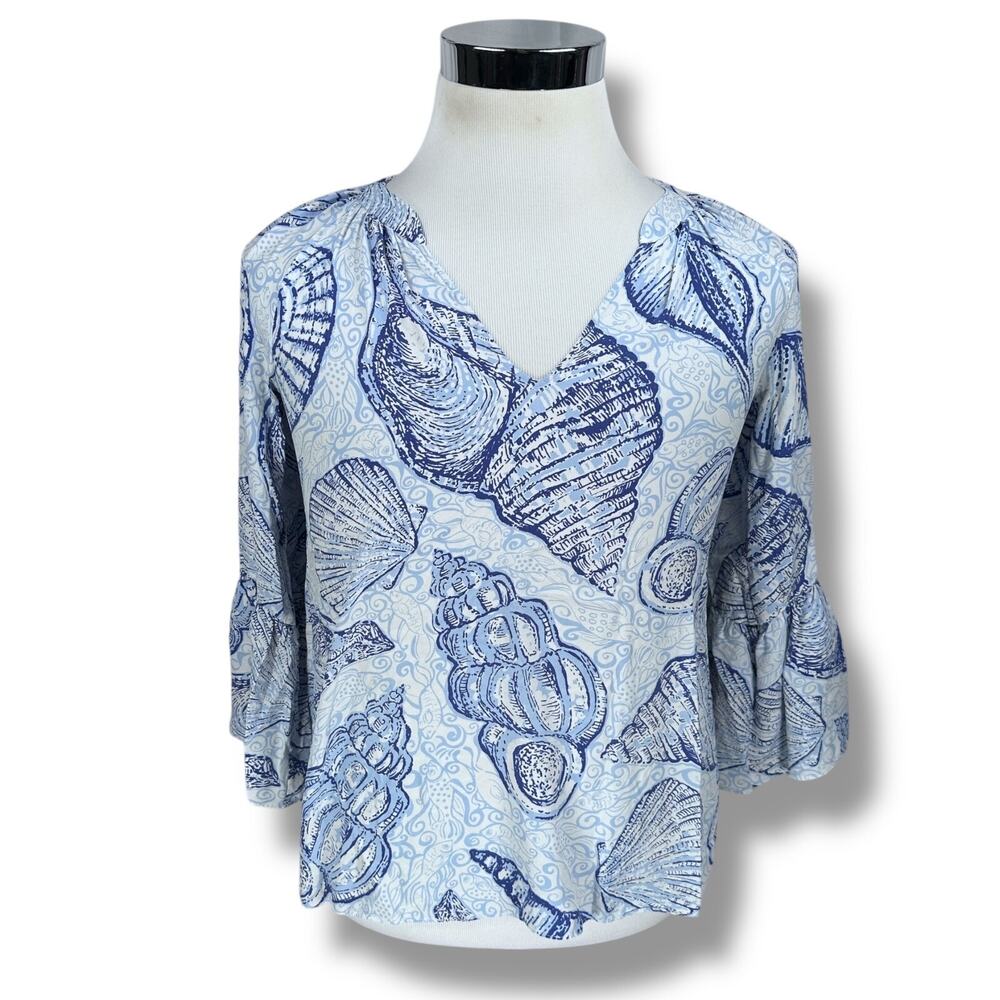 Lilly Pulitzer Matilda Blouse Women’s XS Blue White Peri Pop Up Shells 100% Silk